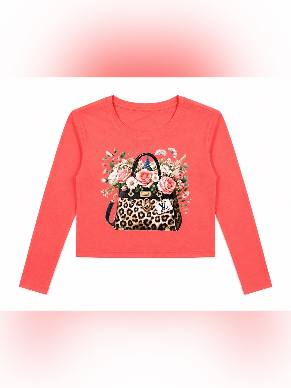 Coral Floral Leopard Handbag Graphic Long-Sleeve Crop Top